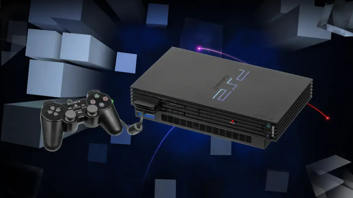 Um Playstation 2 com controle e a tela de inicialização de jogos ao fundo