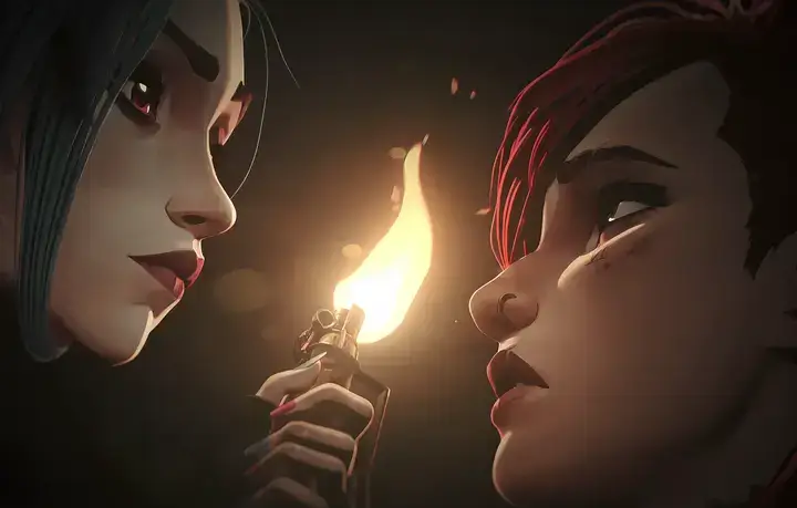 The characters Vi and Jinx facing each other with a burning lighter in between